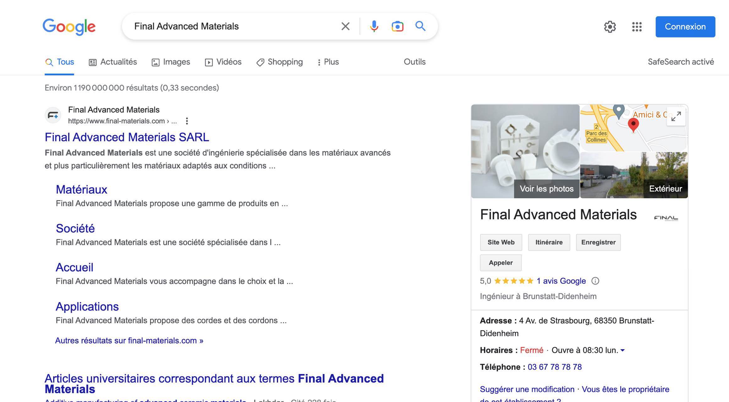 La fiche Google My Business du cabinet d'ingénierie Final Advanced Materials, à droite des résultats de recherche.