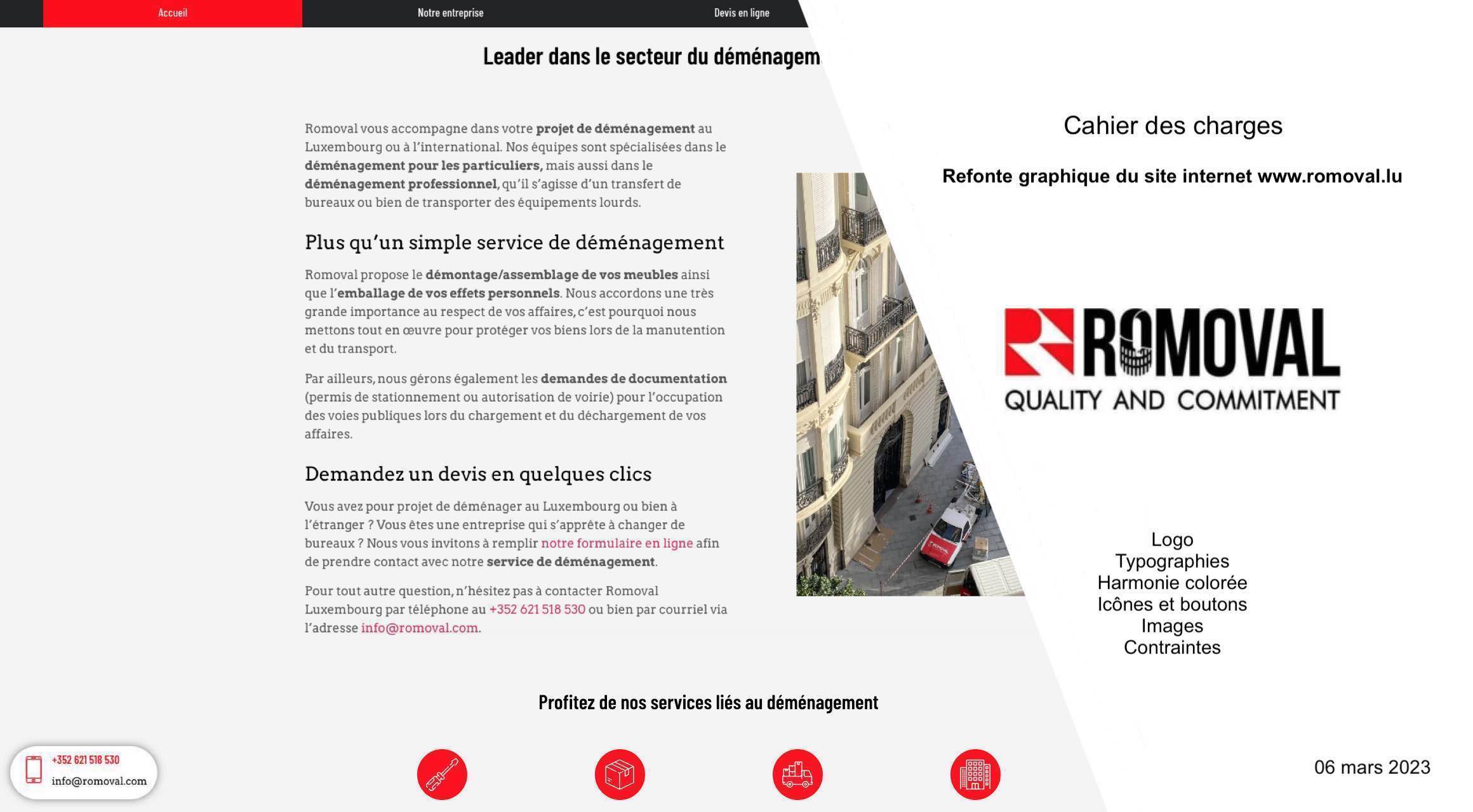 Aperçu du site Internet de la société Romoval Luxembourg après la refonte graphique de l'interface utilisateur.