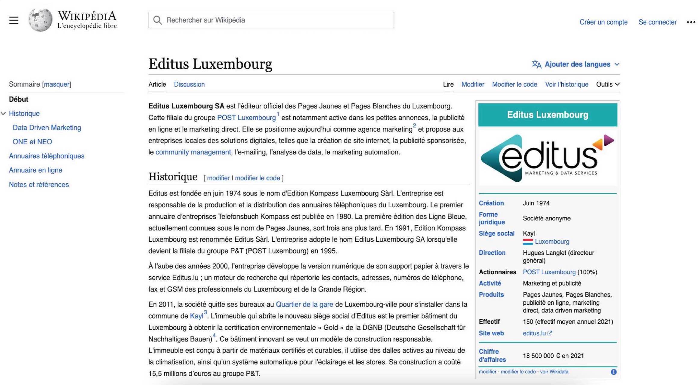 Page Wikipédia de la société Editus Luxembourg SA.