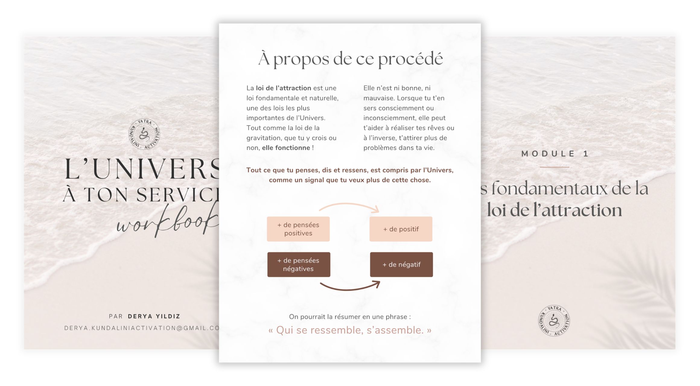 Quelques exemples de pages tirées du workbook sur la manifestation spirituelle.