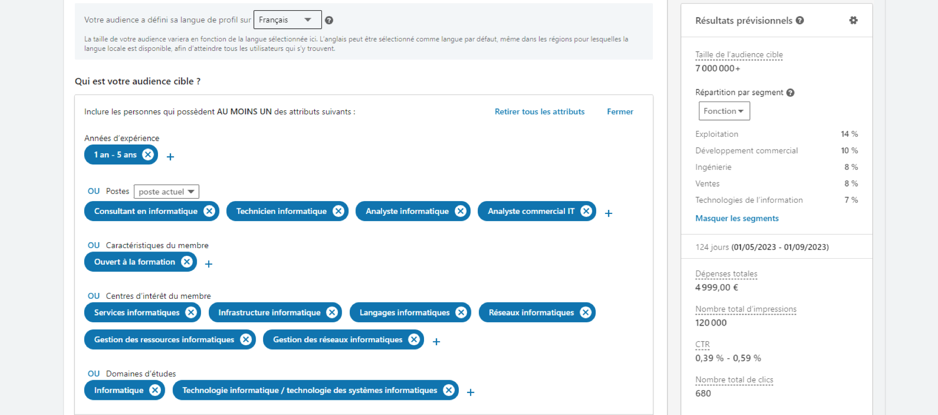 Paramétrage d'une audience sur LinkedIn Ads dans le cadre d'une estimation pour un budget de 5000 euros.