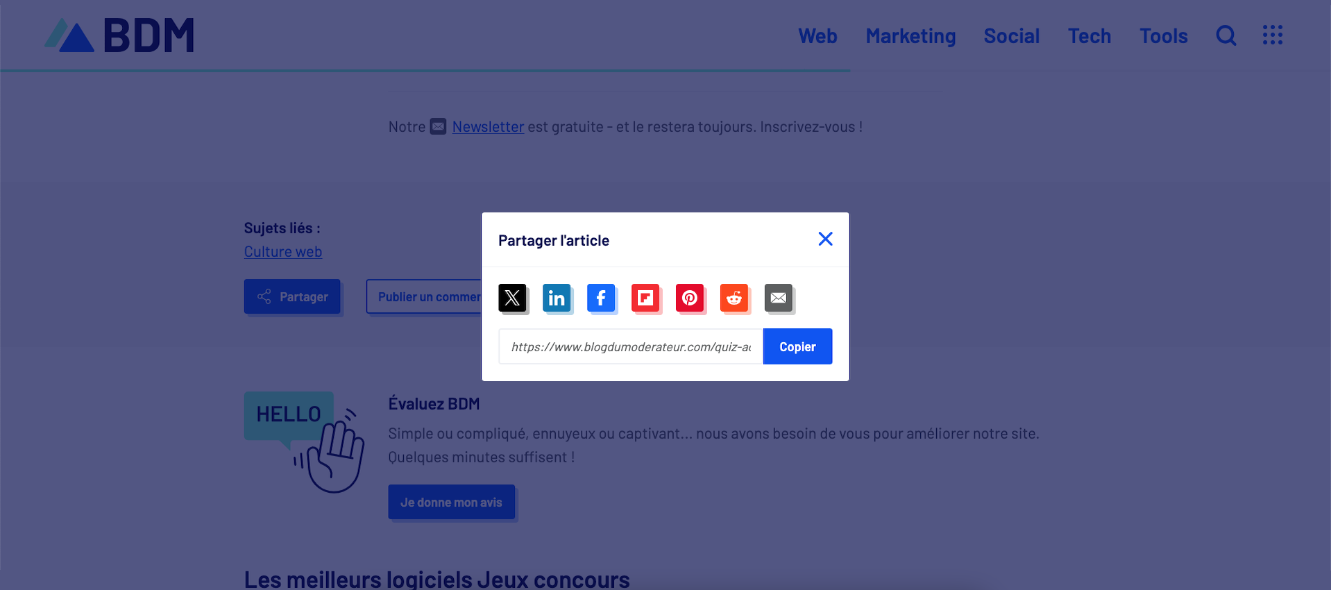 Le bouton de partage sur les réseaux sociaux qui est intégré sur le Blog du Modérateur.
