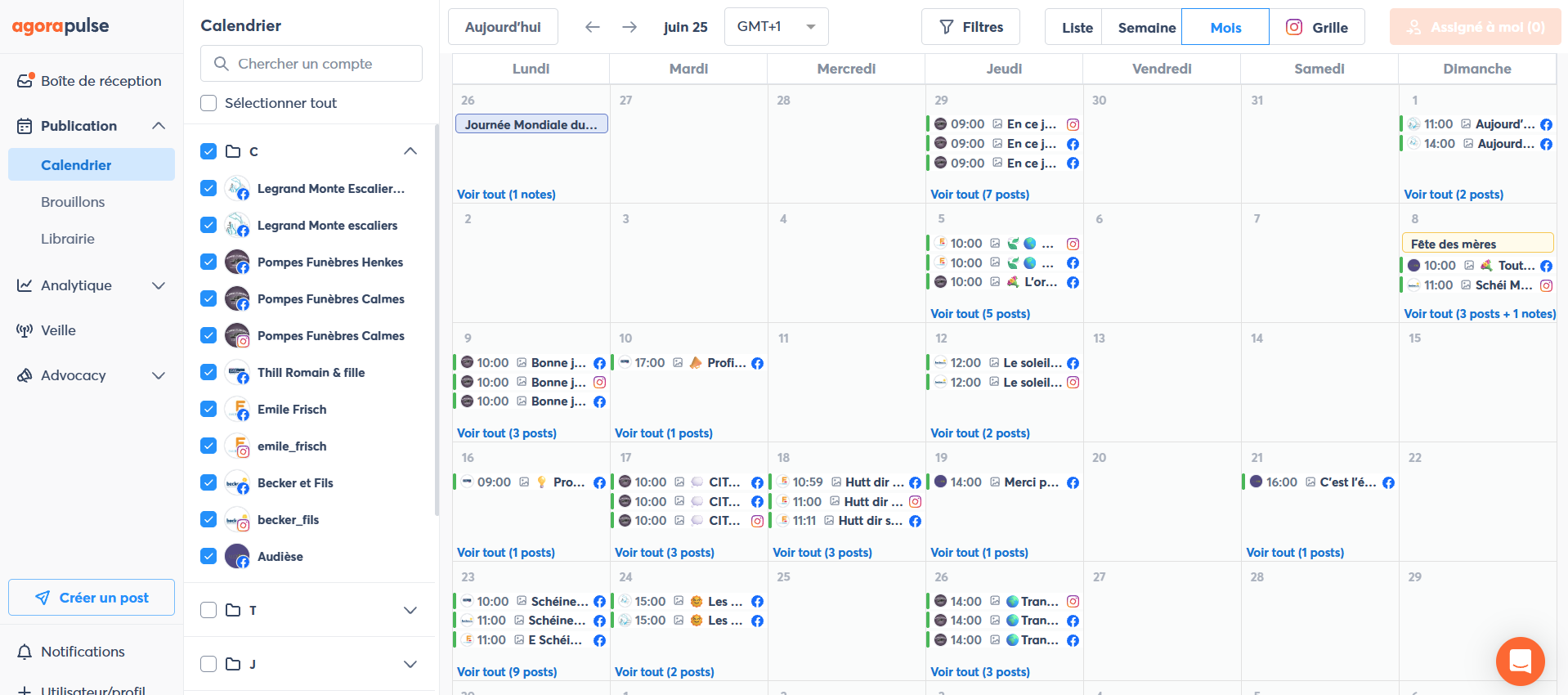 Aperçu d'un calendrier éditiorial sur AgoraPulse.