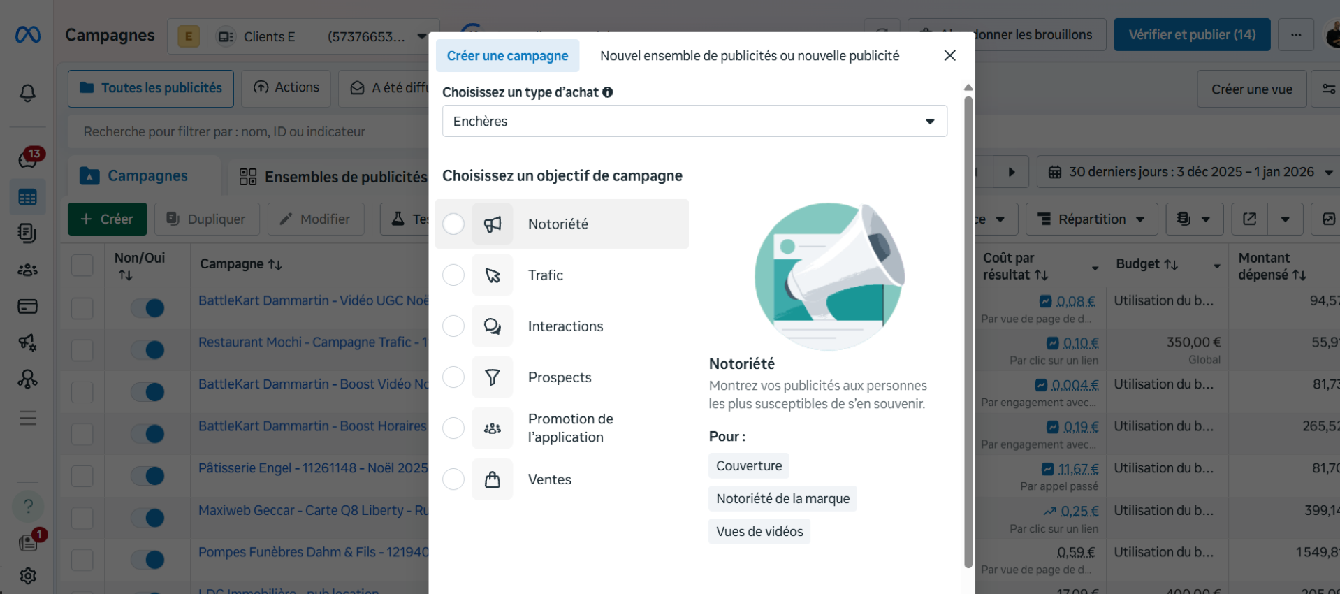 Capture d'écran de la fenêtre de choix de l'objectif de campagne dans le Meta Ads Manager.