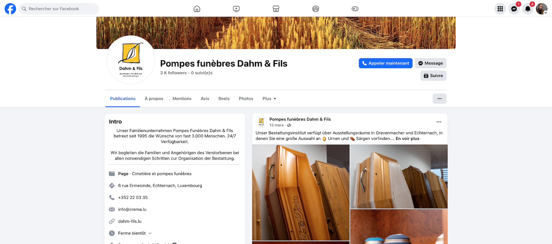 Capture d'écran d'une page Facebook avec toutes les informations complétées.