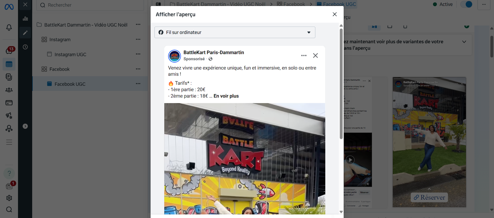 Exemple de publicité vidéo programmée sur Facebook dans le Meta Ads Manager.